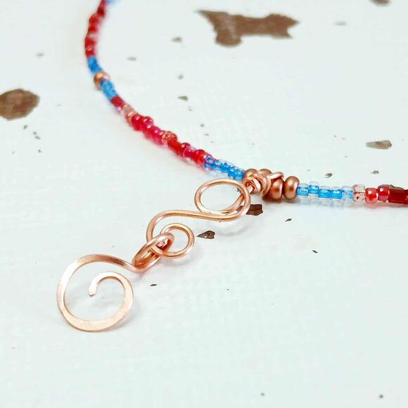 Minimalist Beaded Choker Necklace, Hammered Copper, Handmade Artisan 14.5" - Picture 3 of 5